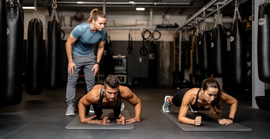Coach sportif debout observant deux pratiquants effectuant des exercices au sol
