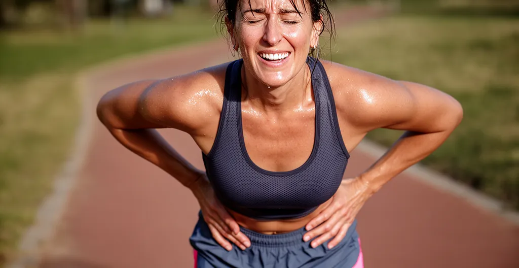 Femme sportive en pause récupération après effort intense, mains sur les hanches