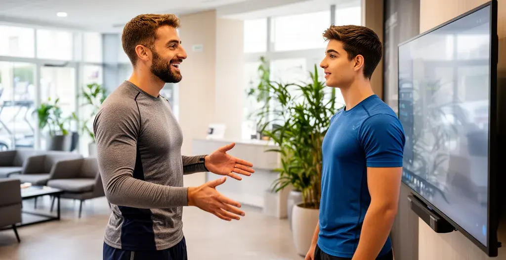 Coach sportif conseillant un adhérent dans l'espace accueil