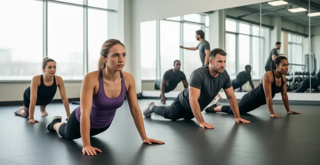 Groupe suivant un cours collectif de fitness dans une salle moderne