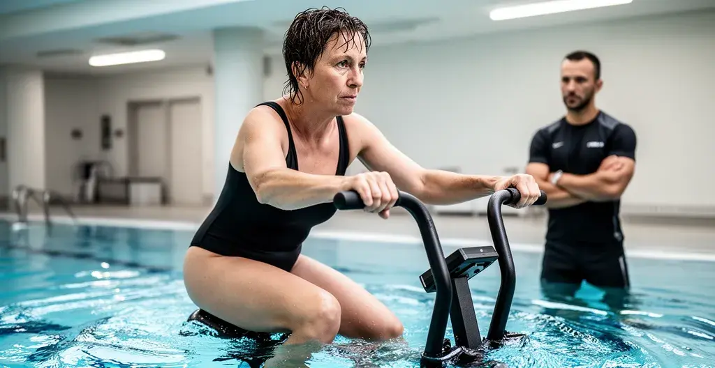 Pratiquante d'aquabike pédalant dans une piscine de fitness